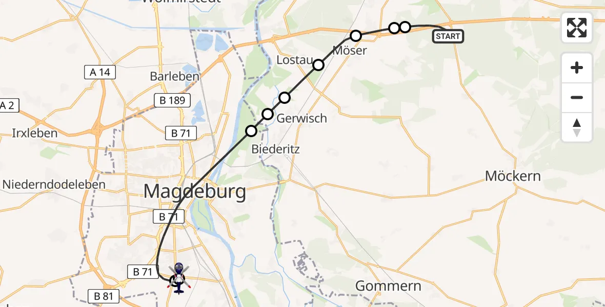Routekaart van de vlucht: Polizeihubschrauber nach Magdeburg City Airfield