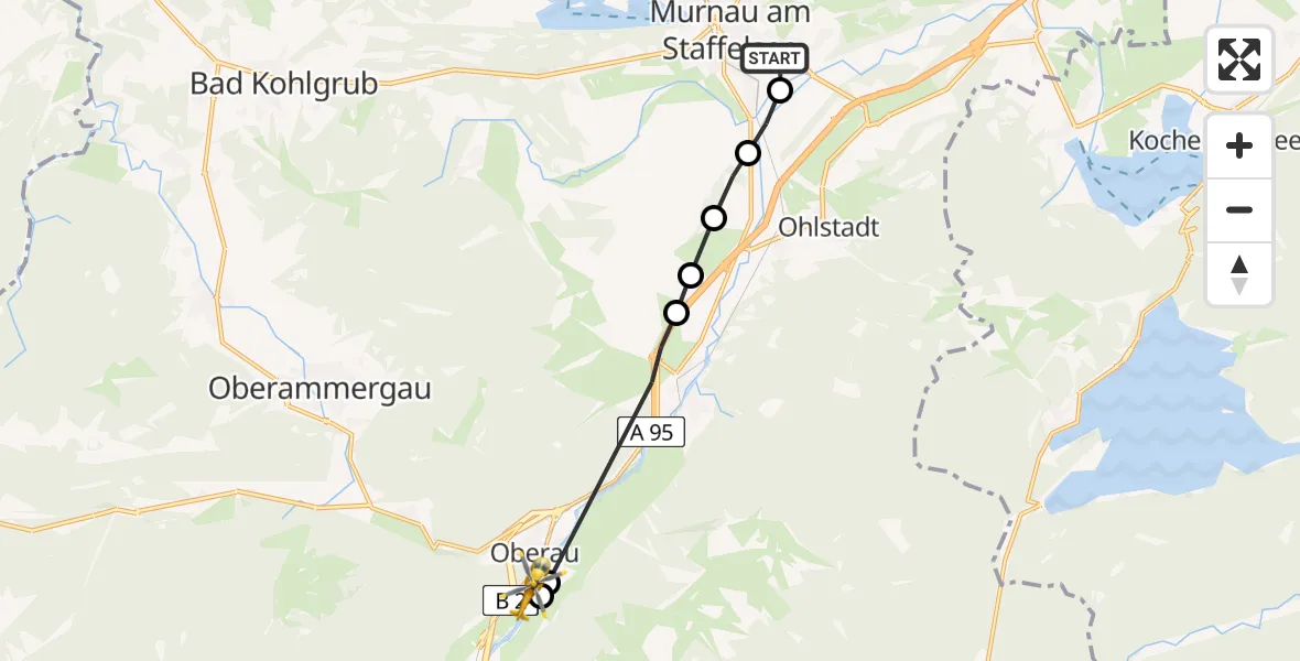 Flugroute Rettungshubschrauber Murnau Accident Hospital Heliport - Oberau, 25 Februar 2026, 15:05