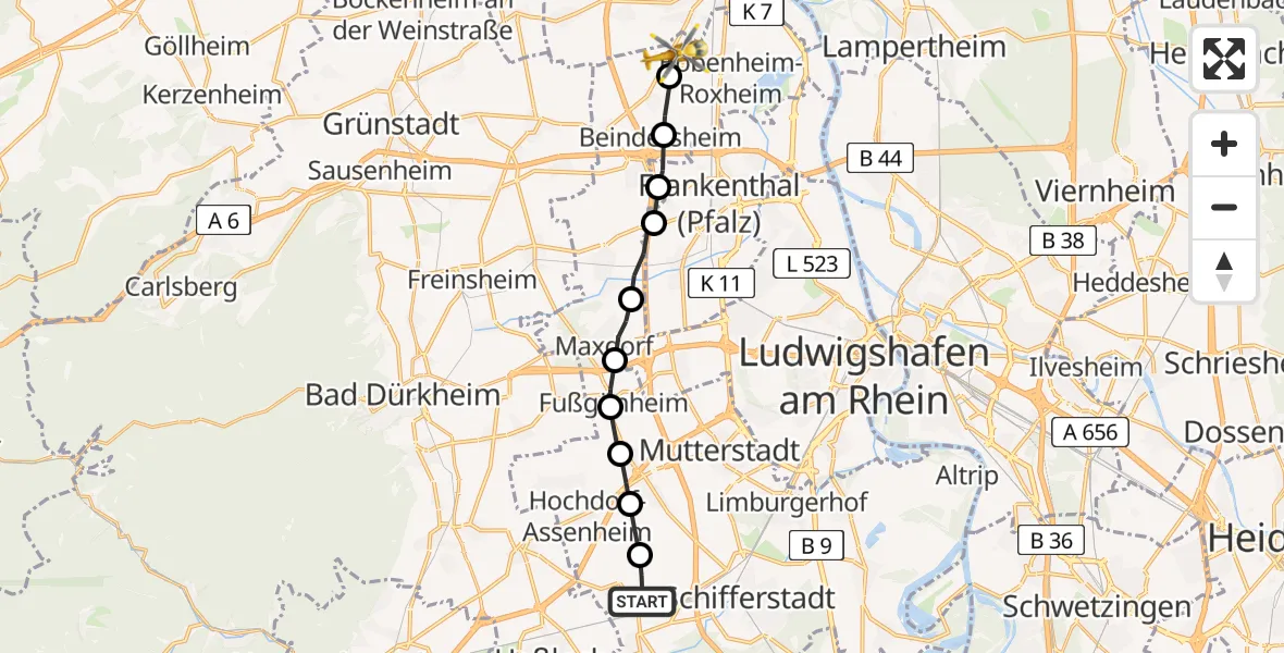 Routekaart van de vlucht: Rettungshubschrauber nach Kleinniedesheim, Unterwegsgasse