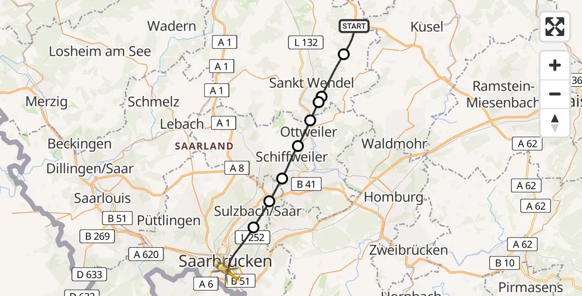 Routekaart van de vlucht: Rettungshubschrauber nach Saarbrücken, Winterberg
