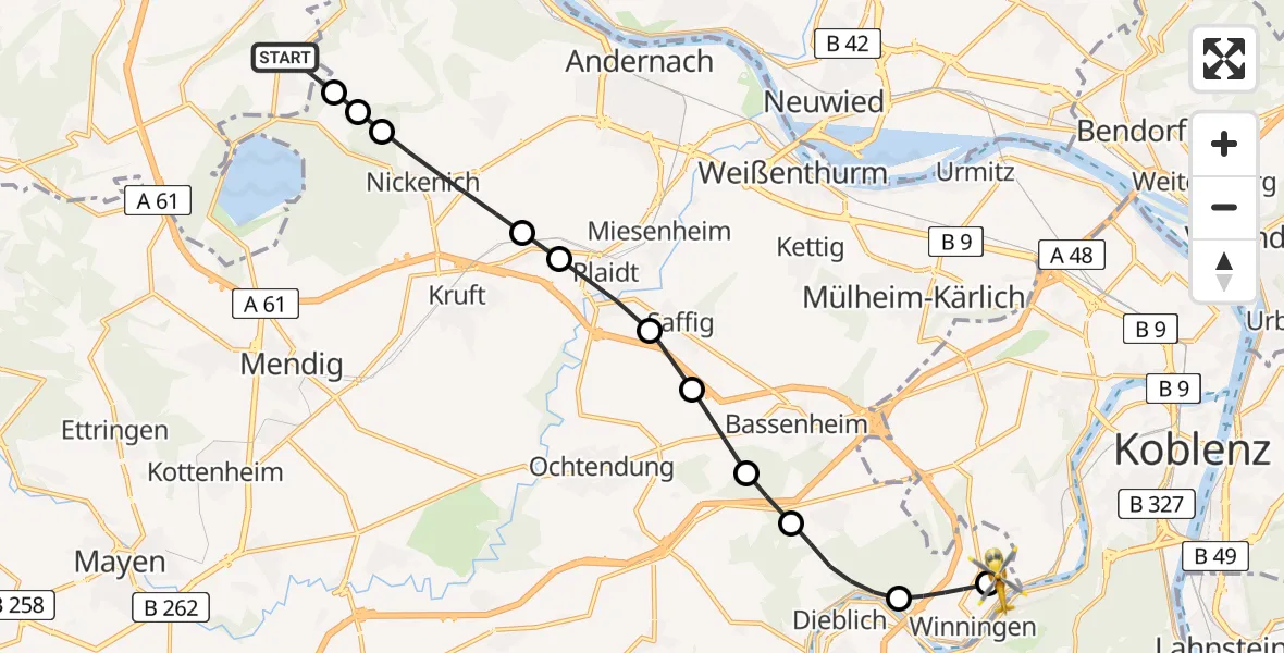 Flugroute Ambulanzhubschrauber Wassenach - Koblenz-Winningen Airfield, 25 Februar 2026, 15:35