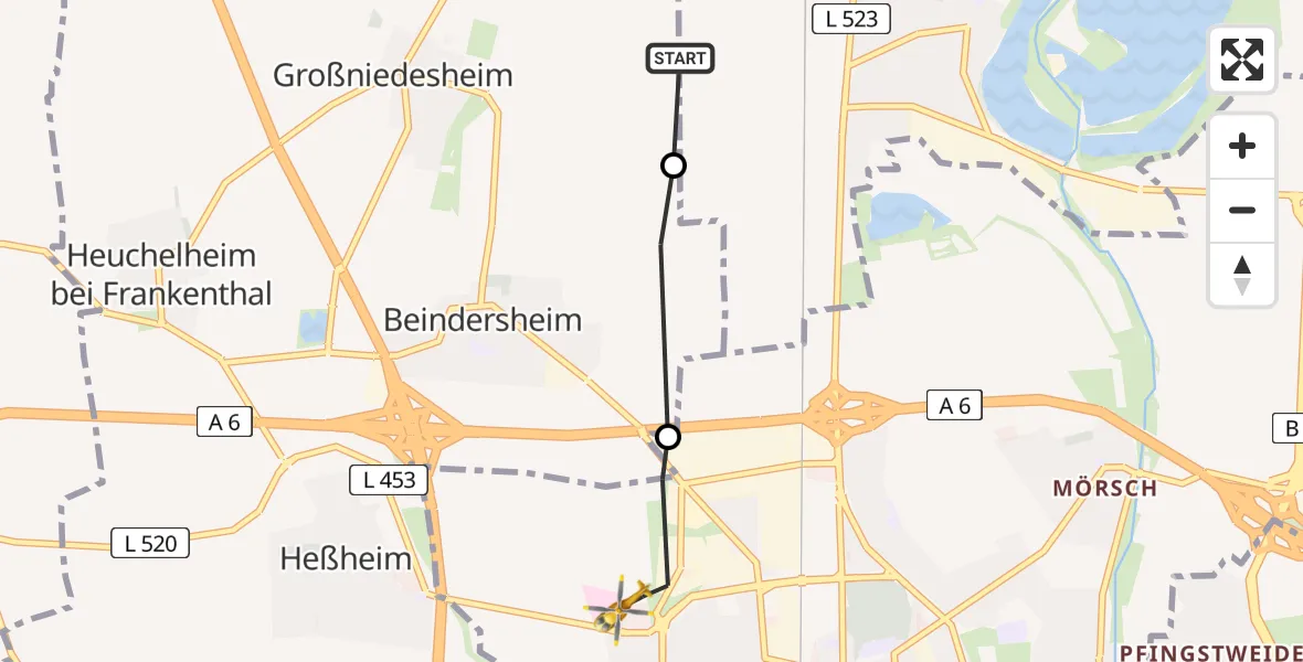 Flugroute Rettungshubschrauber Bobenheim-Roxheim - Frankenthal (Pfalz), 25 Februar 2026, 15:38