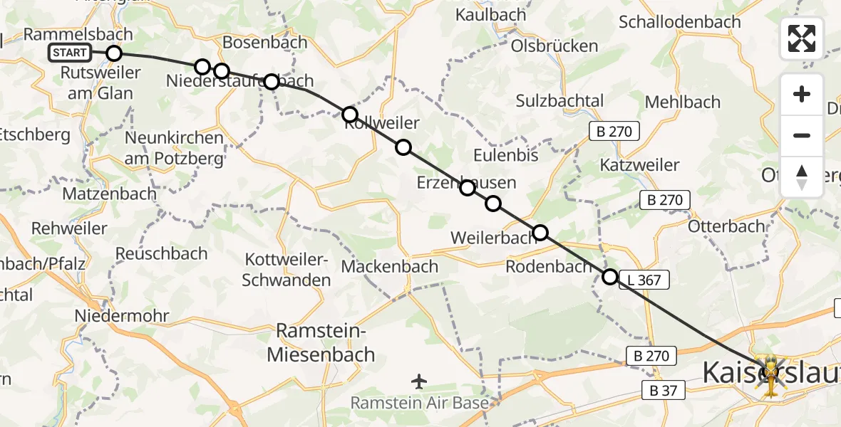 Flugroute Rettungshubschrauber Rammelsbach - Westpfalz Hospital Kaiserslautern Heliport, 25 Februar 2026, 15:41
