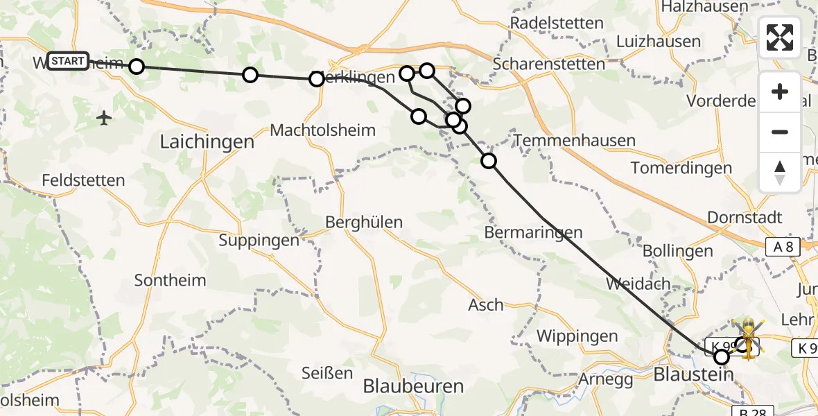 Routekaart van de vlucht: Rettungshubschrauber nach ADAC Air Rescue Station Ulm (Christoph 22)