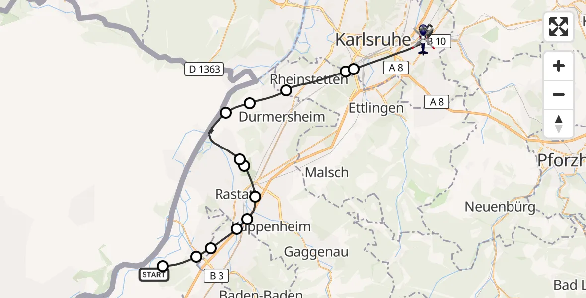 Routekaart van de vlucht: Polizeihubschrauber nach Karlsruhe, Funkerstraße