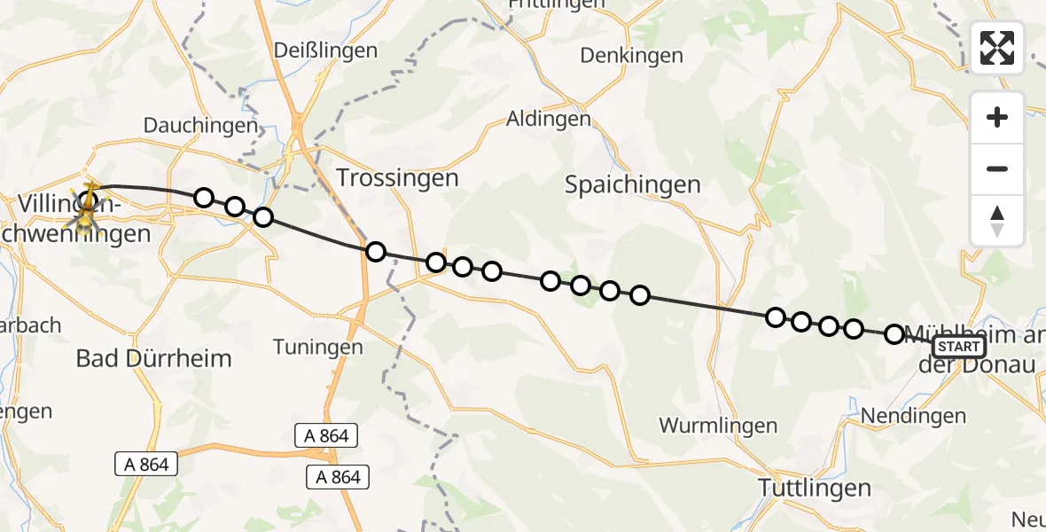 Flugroute Rettungshubschrauber Stetten - DRF Air Rescue Station Villingen-Schwenningen Heliport (Christoph 11), 25 Februar 2026, 15:58