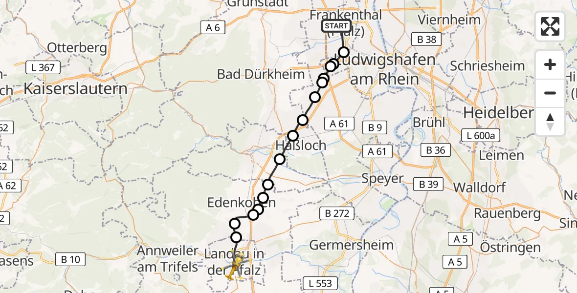 Flugroute Rettungshubschrauber Frankenthal (Pfalz) - Landau in der Pfalz, 25 Februar 2026, 16:03