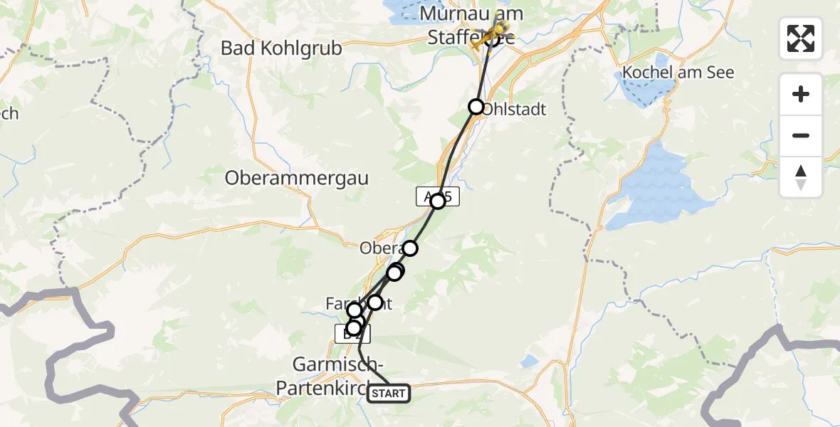 Flugroute Rettungshubschrauber Garmisch-Partenkirchen - Murnau Accident Hospital Heliport, 25 Februar 2026, 16:11