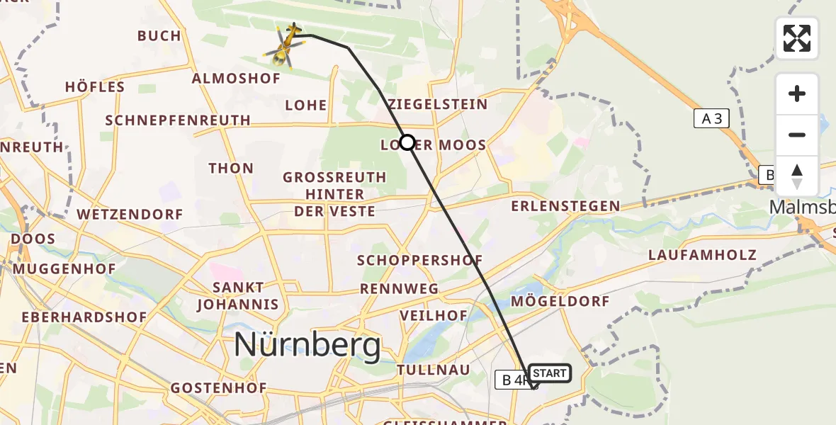 Flugroute Rettungshubschrauber Nürnberg - Nuremberg Airport, 25 Februar 2026, 16:16