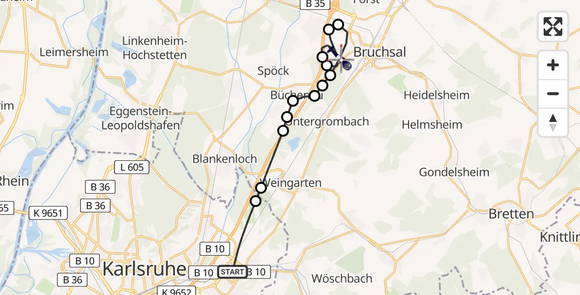 Flugroute Polizeihubschrauber Karlsruhe - Bruchsal, 25 Februar 2026, 16:23