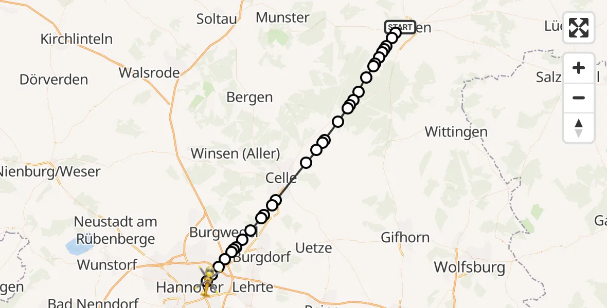Flugroute Rettungshubschrauber Uelzen - Hannover Air Rescue Heliport (Christoph 4), 25 Februar 2026, 16:27