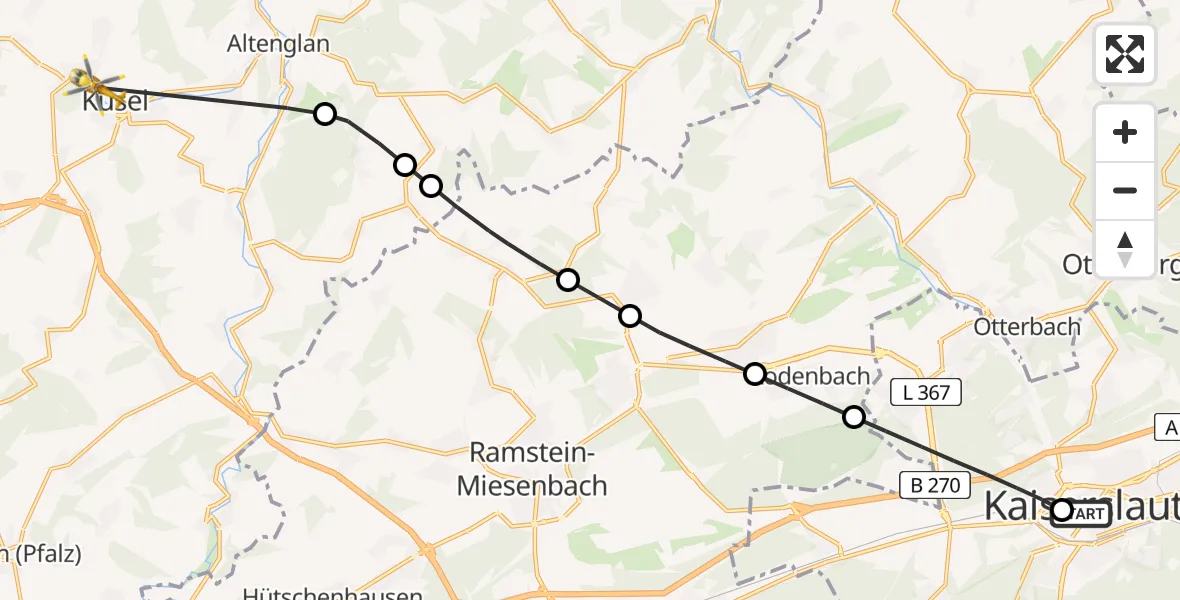 Flugroute Rettungshubschrauber Westpfalz Hospital Kaiserslautern Heliport - Kusel, 25 Februar 2026, 16:35