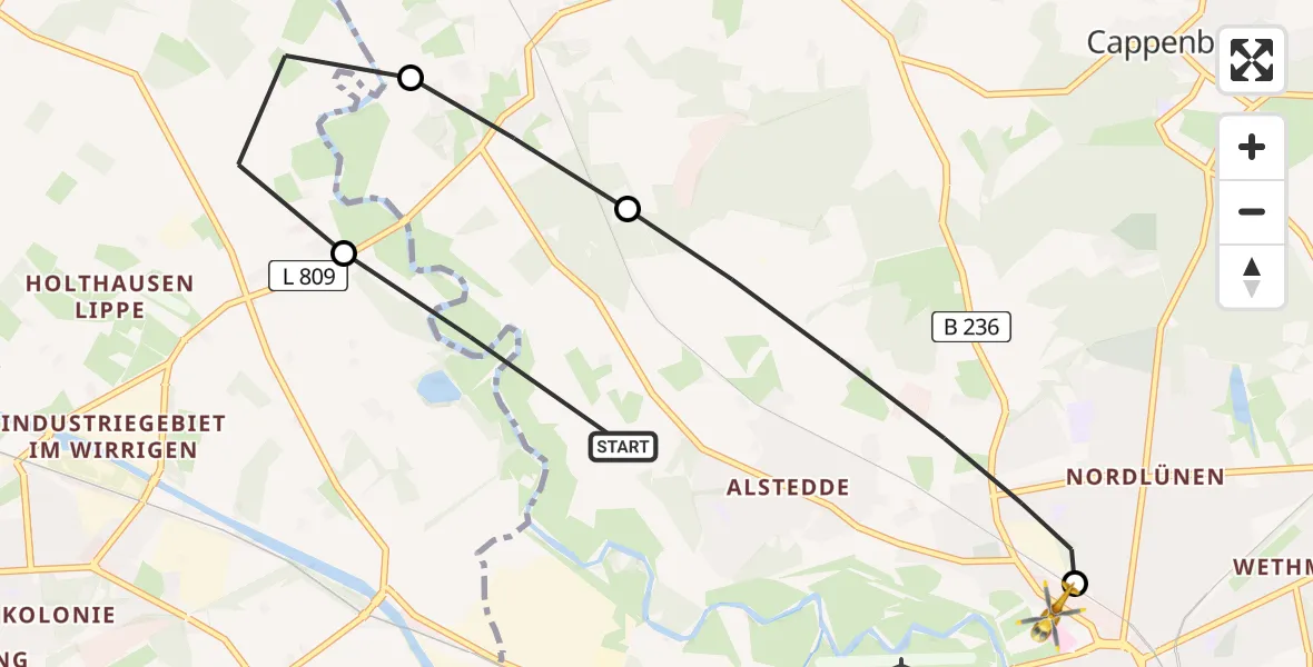 Flugroute Rettungshubschrauber Lünen - Sankt Marien Hospital Heliport, 25 Februar 2026, 16:36