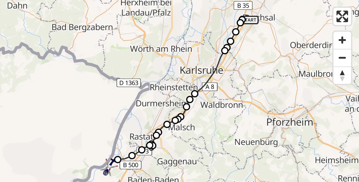 Flugroute Polizeihubschrauber Bruchsal - Karlsruhe Baden-Baden Airport, 25 Februar 2026, 16:36