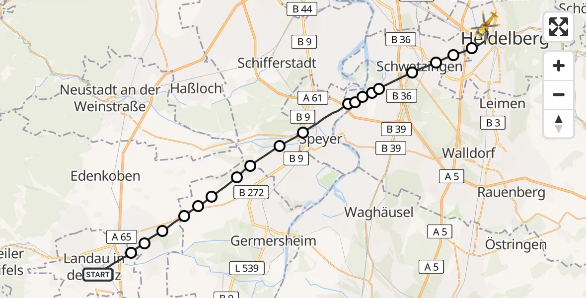 Flugroute Rettungshubschrauber Landau in der Pfalz - Heidelberg, 25 Februar 2026, 16:58