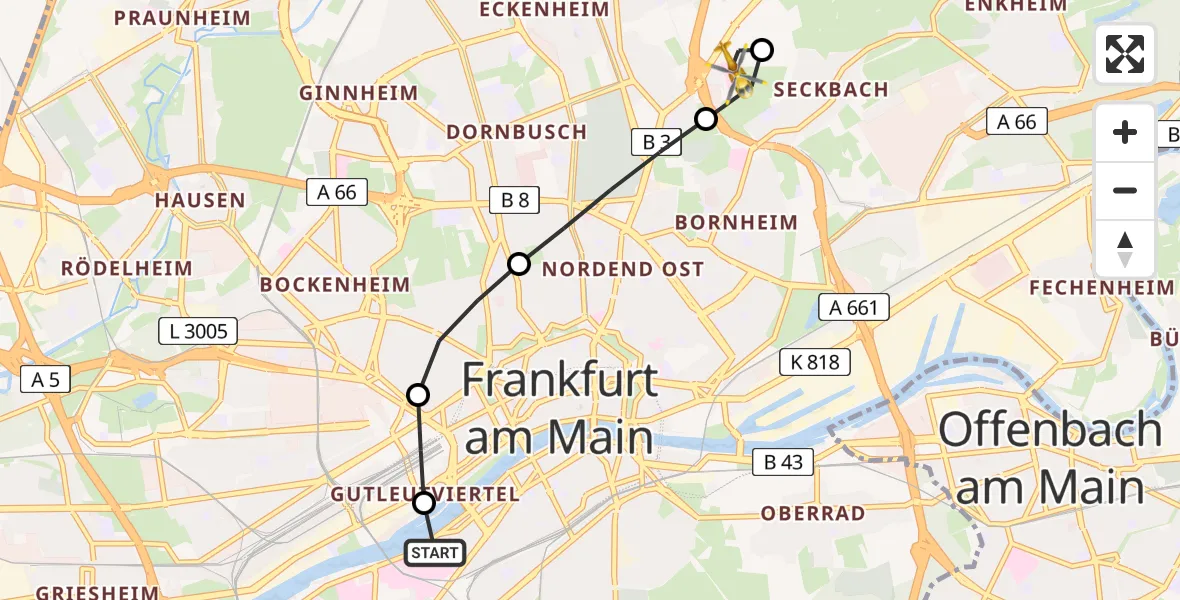 Flugroute Rettungshubschrauber Frankfurt University Hospital Heliport - Frankfurt am Main Accident Hospital Roof Helipad (CHX2), 25 Februar 2026, 17:39