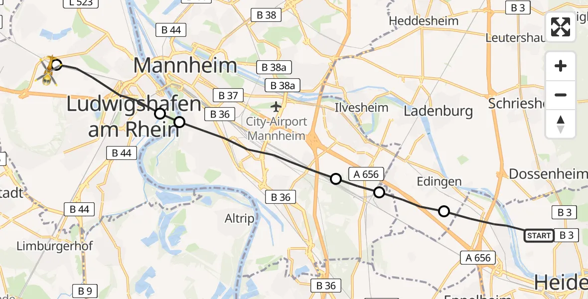 Flugroute Rettungshubschrauber Heidelberg - Ludwigshafen Accident Hospital Heliport, 25 Februar 2026, 17:54