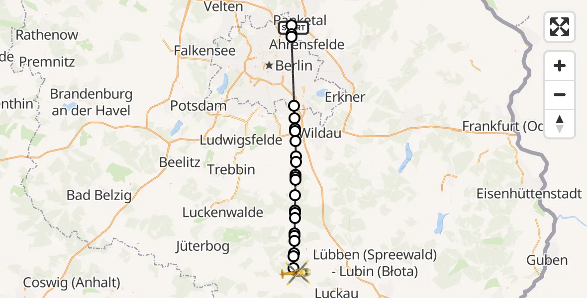 Flugroute Rettungshubschrauber Helios Clinic Berlin-Buch Heliport - Görsdorf, 25 Februar 2026, 18:05