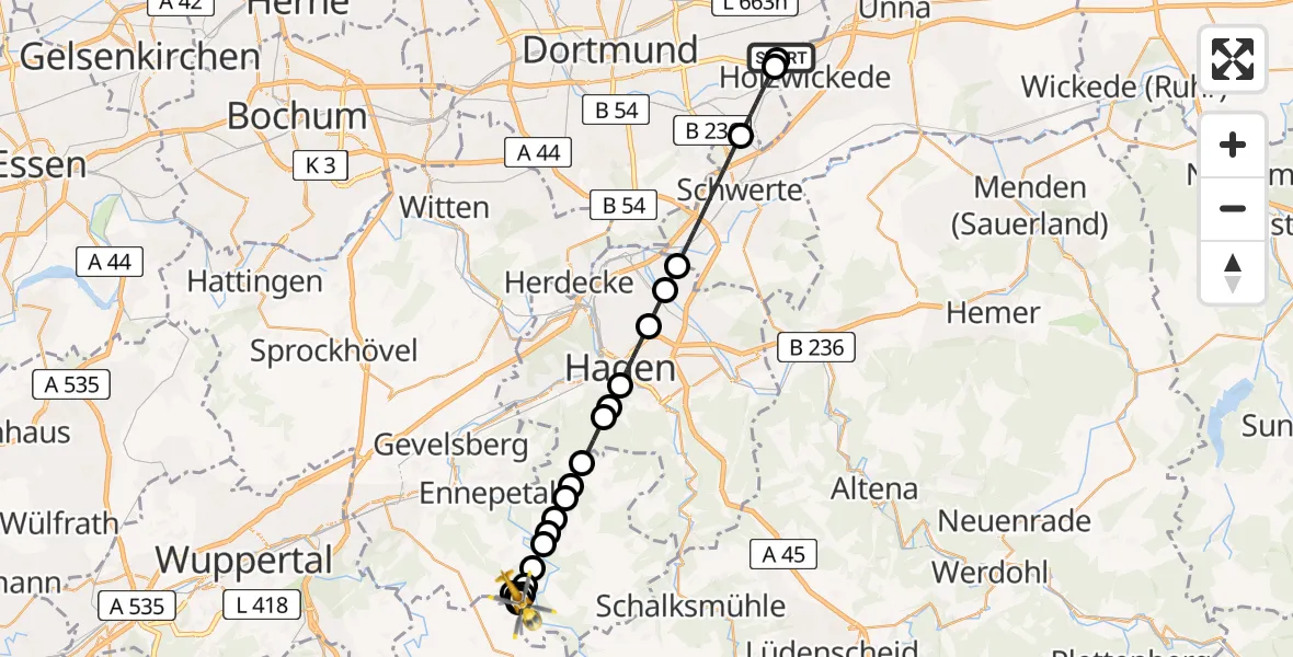 Flugroute Ambulanzhubschrauber Dortmund Airport - Breckerfeld, 25 Februar 2026, 18:40