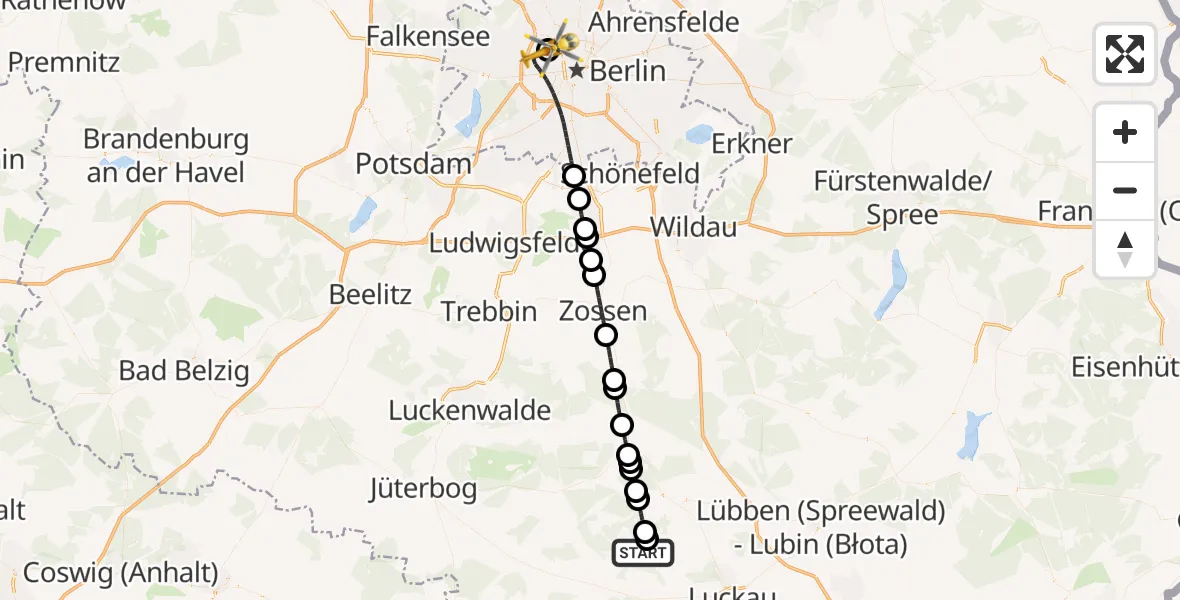 Flugroute Rettungshubschrauber Görsdorf - Charité Clinic Virchow Campus Heliport, 25 Februar 2026, 18:53