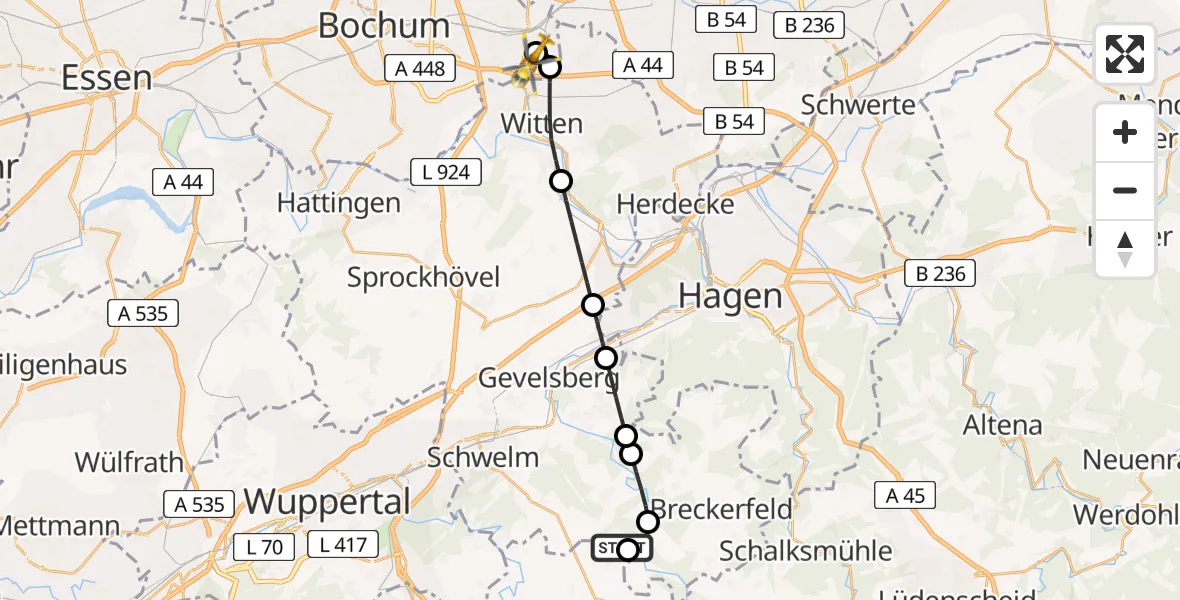 Routekaart van de vlucht: Ambulanzhubschrauber nach Bochum University Miners' Hospital Heliport