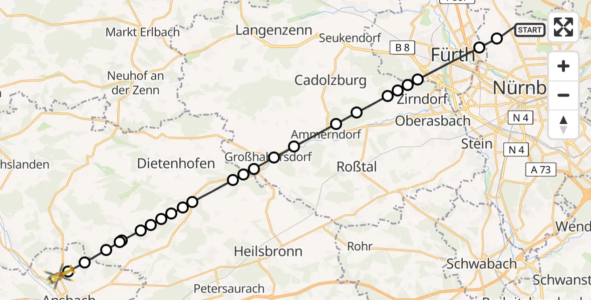 Flugroute Ambulanzhubschrauber Nuremberg Airport - Ansbach, 25 Februar 2026, 19:29