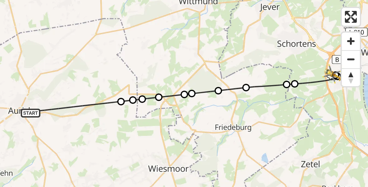 Flugroute Rettungshubschrauber Aurich - Sande, 25 Februar 2026, 19:57