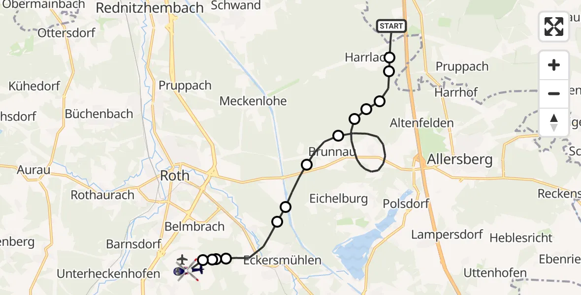 Flugroute Polizeihubschrauber Pyrbaum - Roth Airfield, 25 Februar 2026, 20:05