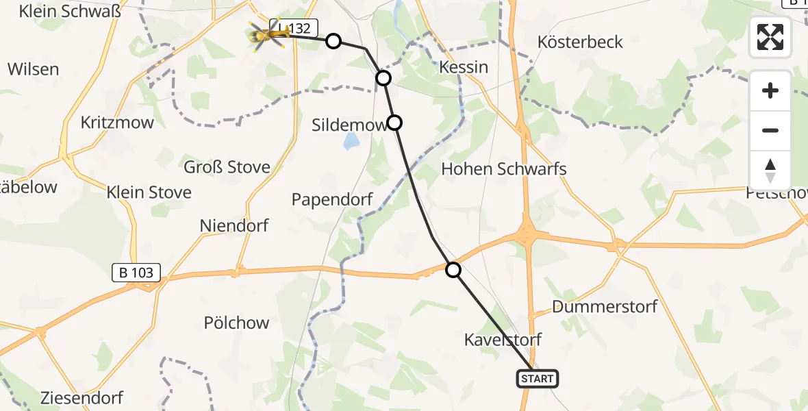 Flugroute Rettungshubschrauber Kavelstorf - Ortsbeirat 12 : Südstadt, 25 Februar 2026, 21:14