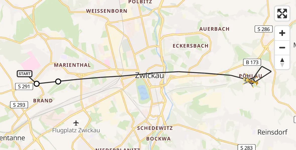 Flugroute Rettungshubschrauber ADAC Air Rescue Station Zwickau Heliport - Reinsdorf, 26 Februar 2026, 06:13