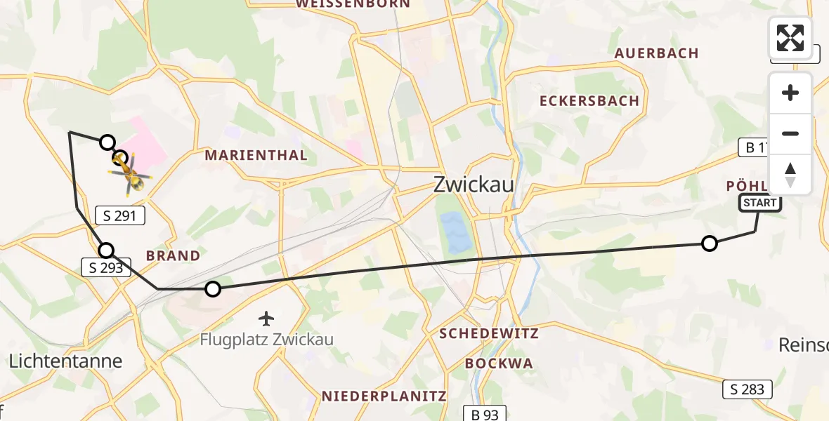Flugroute Rettungshubschrauber Reinsdorf - ADAC Air Rescue Station Zwickau Heliport, 26 Februar 2026, 06:50