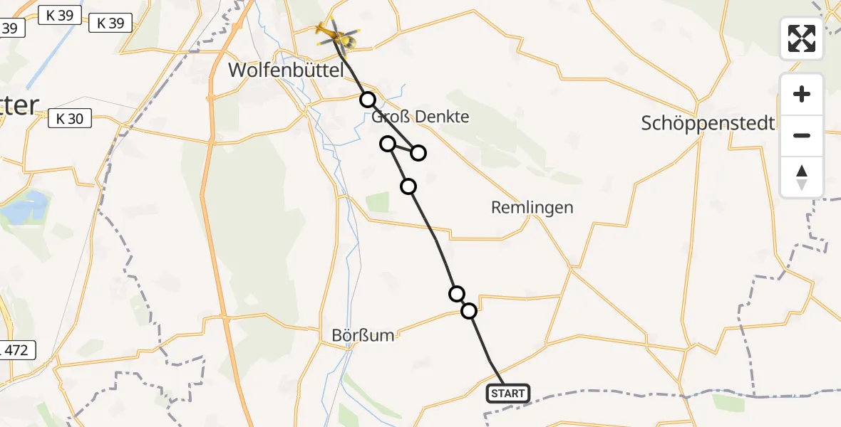 Flugroute Rettungshubschrauber Seinstedt - Wolfenbüttel, 26 Februar 2026, 06:56