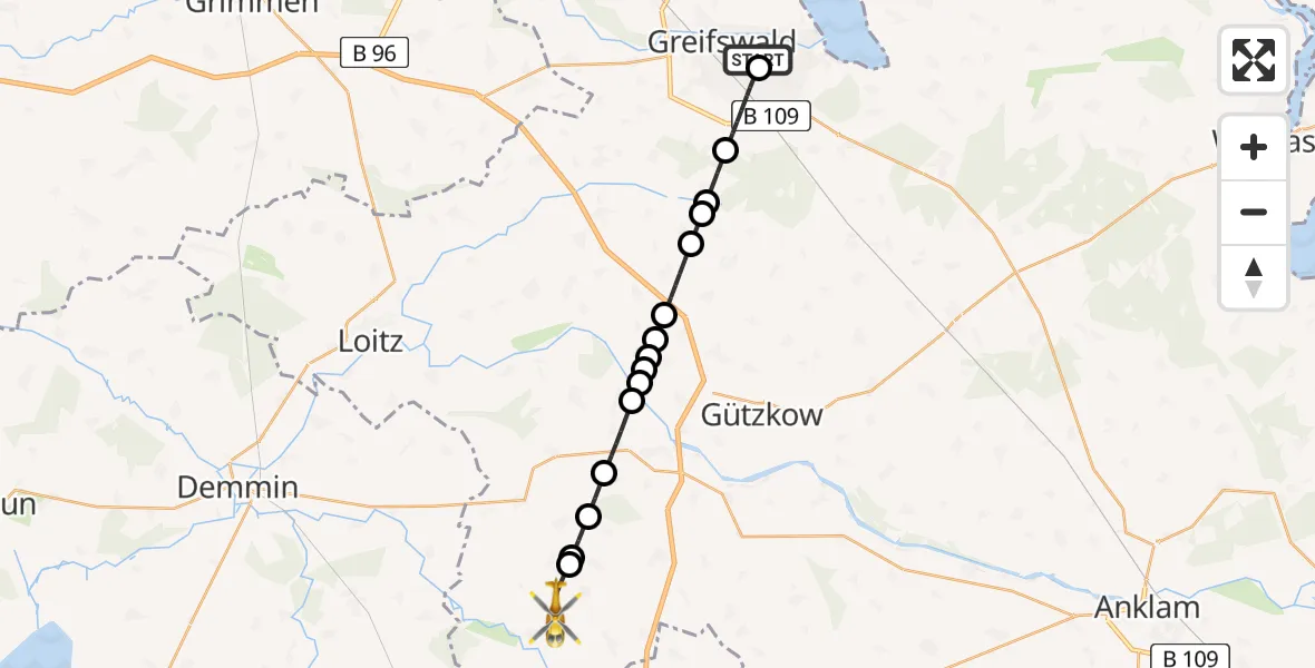 Flugroute Rettungshubschrauber Greifswald Hospital Heliport - Alt Tellin, 26 Februar 2026, 07:18