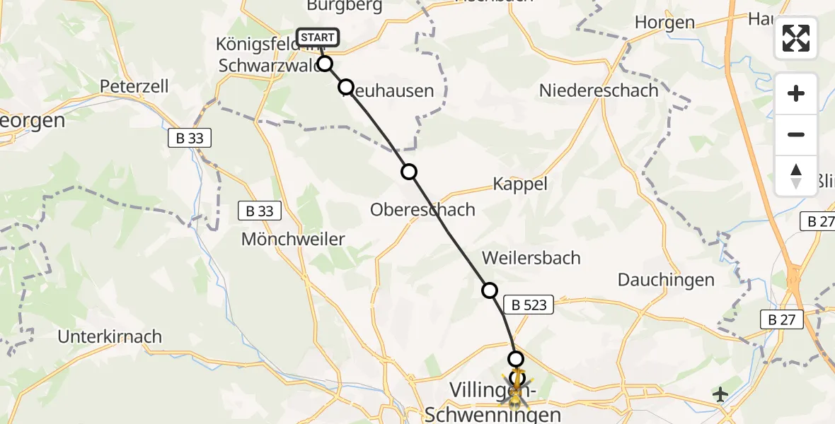 Flugroute Rettungshubschrauber Königsfeld - DRF Air Rescue Station Villingen-Schwenningen Heliport (Christoph 11), 26 Februar 2026, 07:32