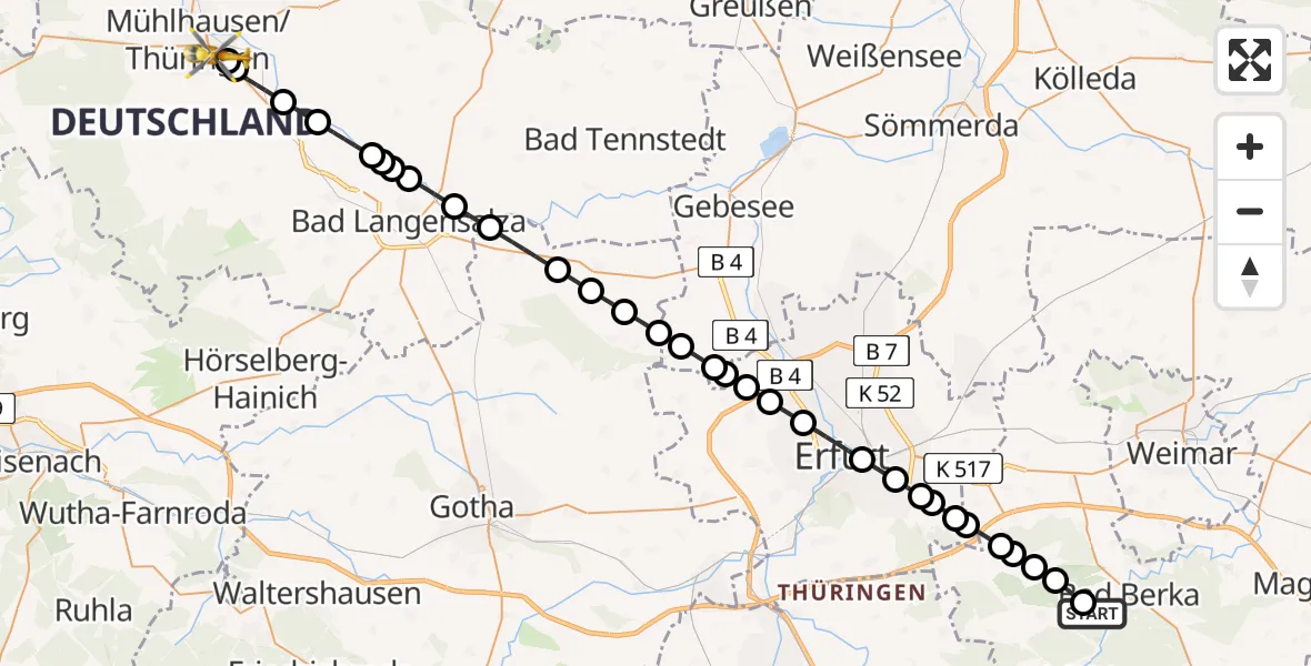 Flugroute Ambulanzhubschrauber Bad Berka - Mühlhausen/Thüringen, 26 Februar 2026, 07:34