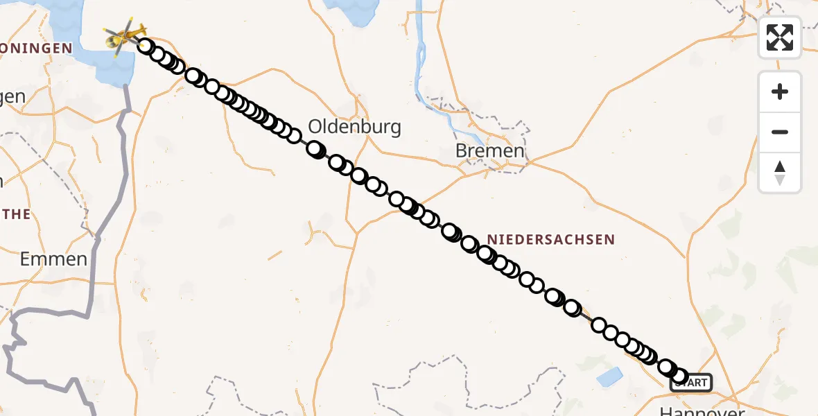 Flugroute Ambulanzhubschrauber Hannover Airport - Emden, 26 Februar 2026, 07:39