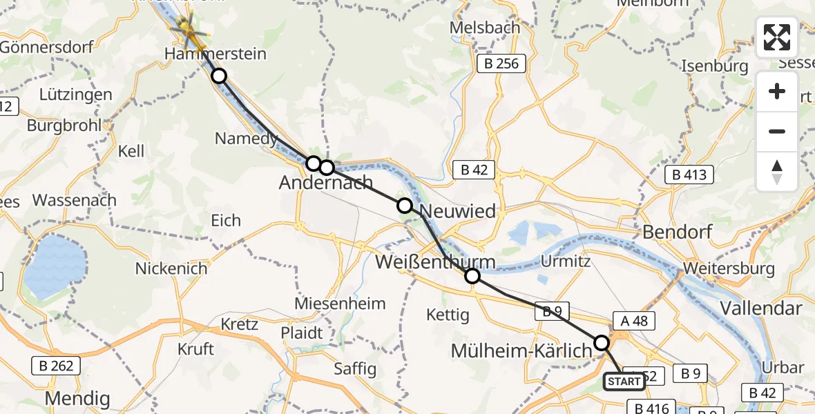 Flugroute Rettungshubschrauber Bubenheim - Rheinbrohl, 26 Februar 2026, 07:45