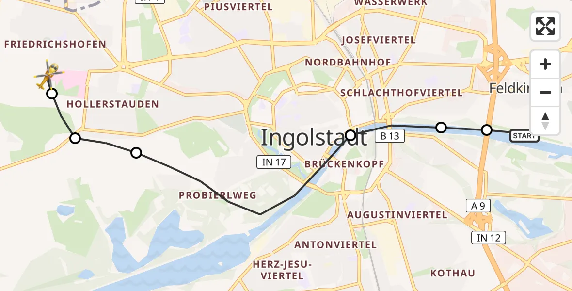 Flugroute Rettungshubschrauber Feldkirchen - Ingolstadt Hospital Heliport, 26 Februar 2026, 08:46