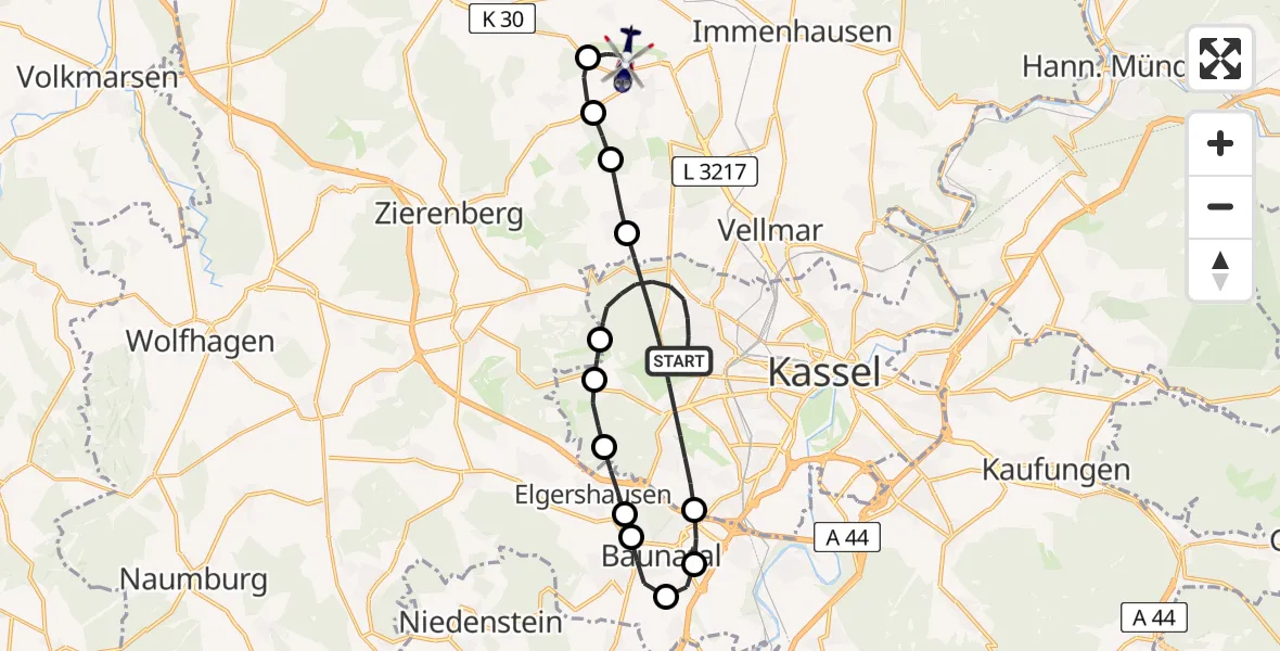 Flugroute Polizeihubschrauber Kassel - Kassel Airport, 26 Februar 2026, 08:54