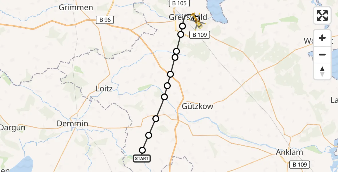Routekaart van de vlucht: Rettungshubschrauber nach Greifswald Hospital Heliport