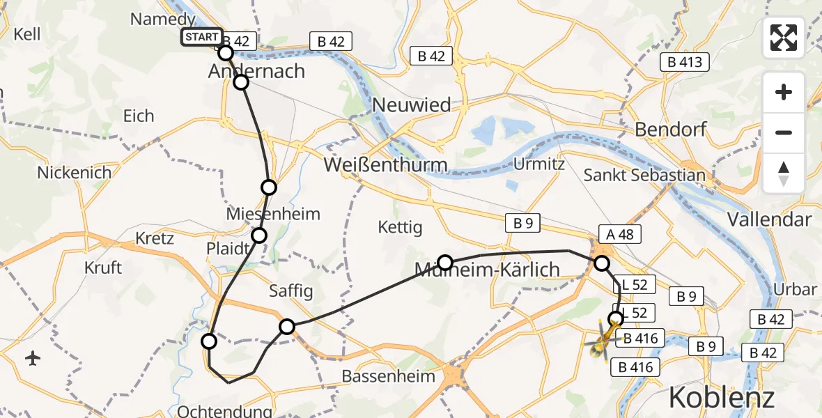 Routekaart van de vlucht: Rettungshubschrauber nach Koblenz, Rübenacher Straße