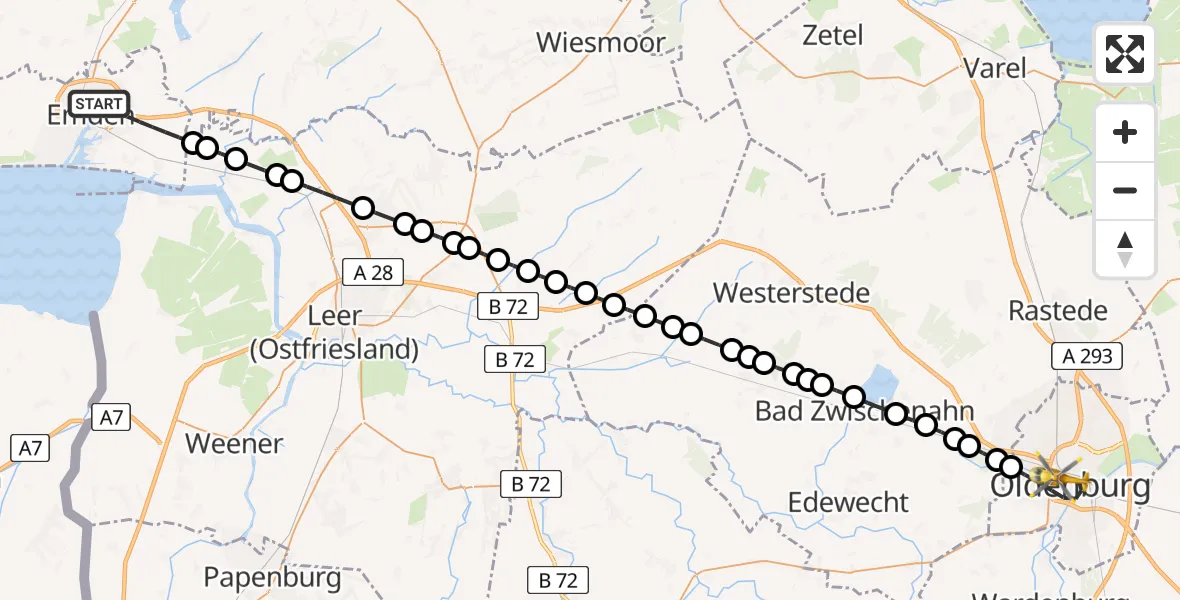 Flugroute Ambulanzhubschrauber Emden - Oldenburg, 26 Februar 2026, 09:06