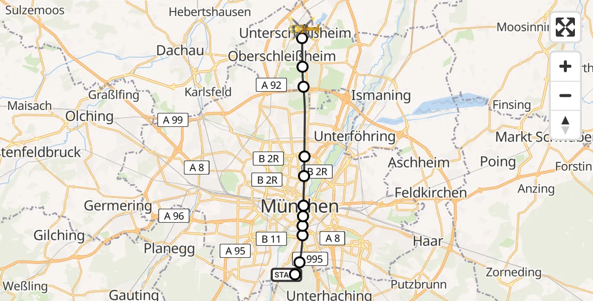 Flugroute Rettungshubschrauber ADAC Air Rescue Center Heliport (Christoph 1) - Unterschleißheim, 26 Februar 2026, 09:09