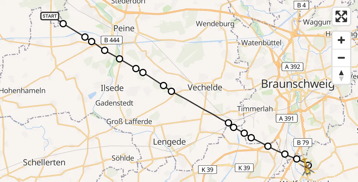 Routekaart van de vlucht: Rettungshubschrauber nach Wolfenbüttel Municipal Hospital Heliport (Christoph 30)