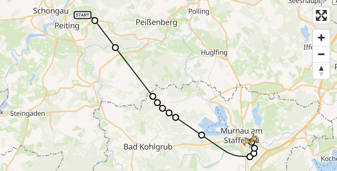 Flugroute Rettungshubschrauber Hausen - Murnau Accident Hospital Heliport, 26 Februar 2026, 09:17