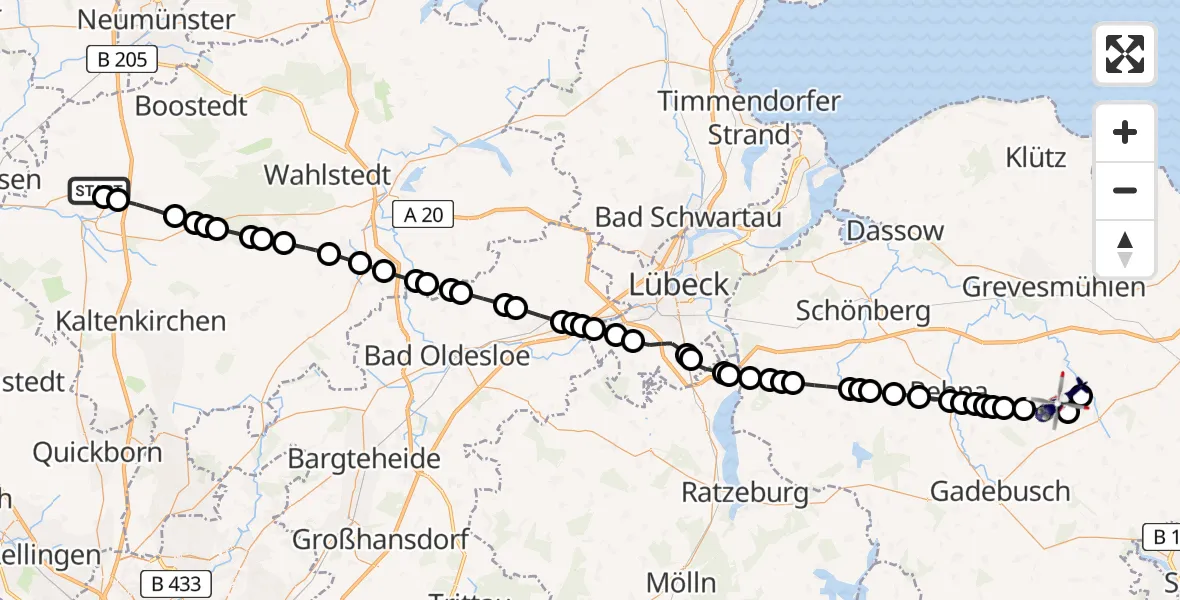 Flugroute Polizeihubschrauber Bad Bramstedt Heliport - Veelböken, 26 Februar 2026, 09:19