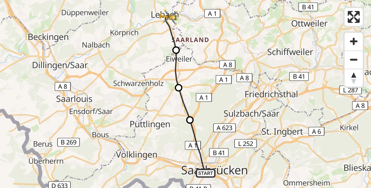 Flugroute Rettungshubschrauber Saarbrücken - Lebach, 26 Februar 2026, 09:29