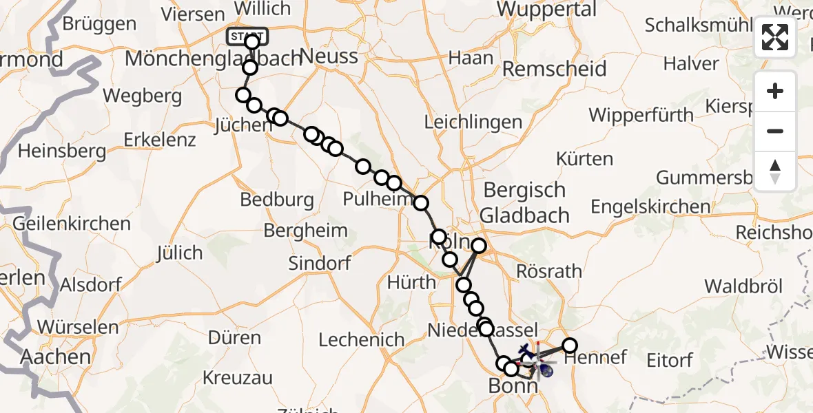 Flugroute Polizeihubschrauber Mönchengladbach Airport - Sankt Augustin, 26 Februar 2026, 09:29