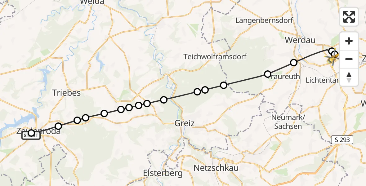 Flugroute Rettungshubschrauber Langenwolschendorf - ADAC Air Rescue Station Zwickau Heliport, 26 Februar 2026, 09:36
