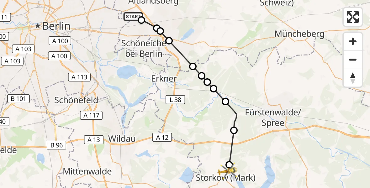 Routekaart van de vlucht: Rettungshubschrauber nach Storkow (Mark), Kummersdorfer Straße